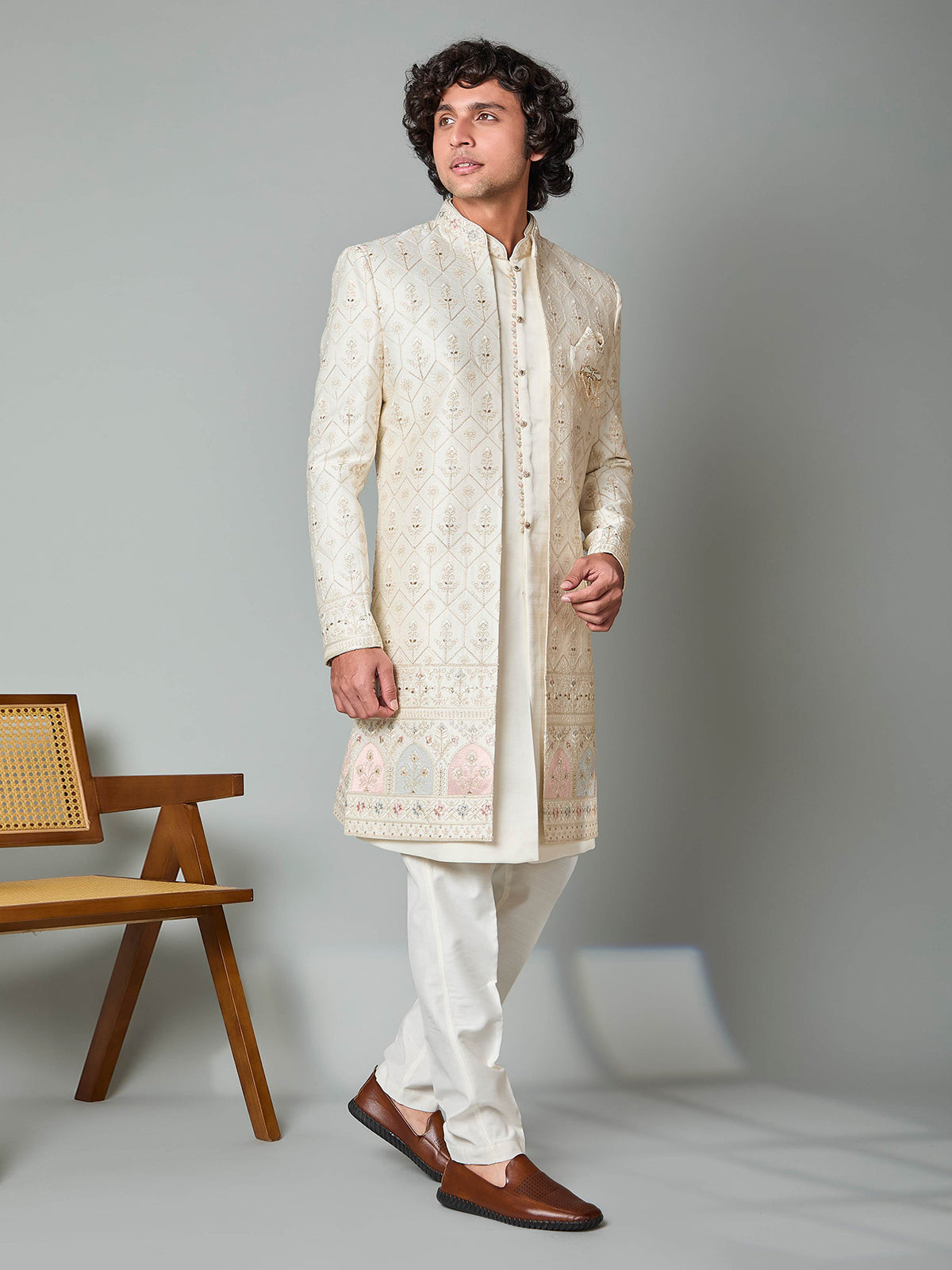 Cream satin silk embroidered work indowestern set