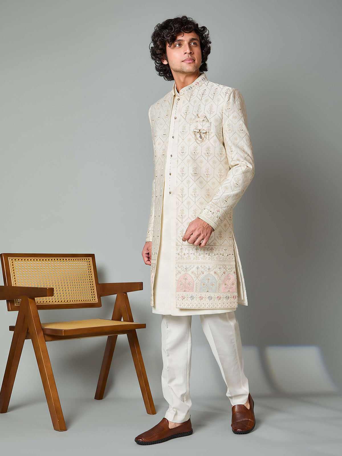 Cream satin silk embroidered work indowestern set
