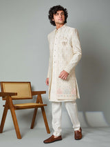 Cream satin silk embroidered work indowestern set