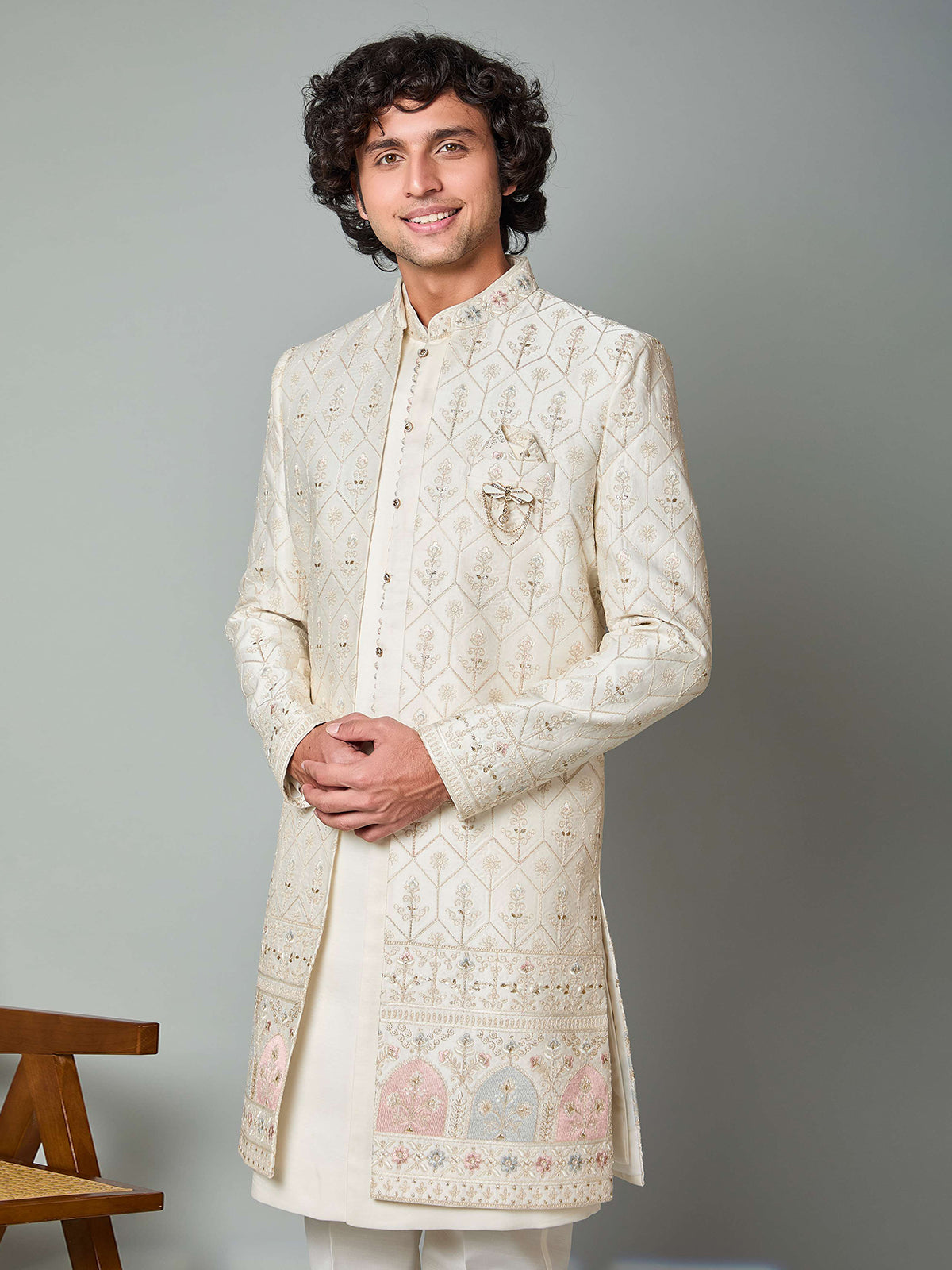 Cream satin silk embroidered work indowestern set