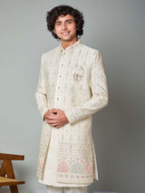Cream satin silk embroidered work indowestern set
