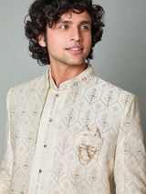 Cream satin silk embroidered work indowestern set