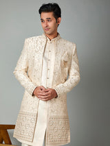 Cream satin silk indowestern set with brooch