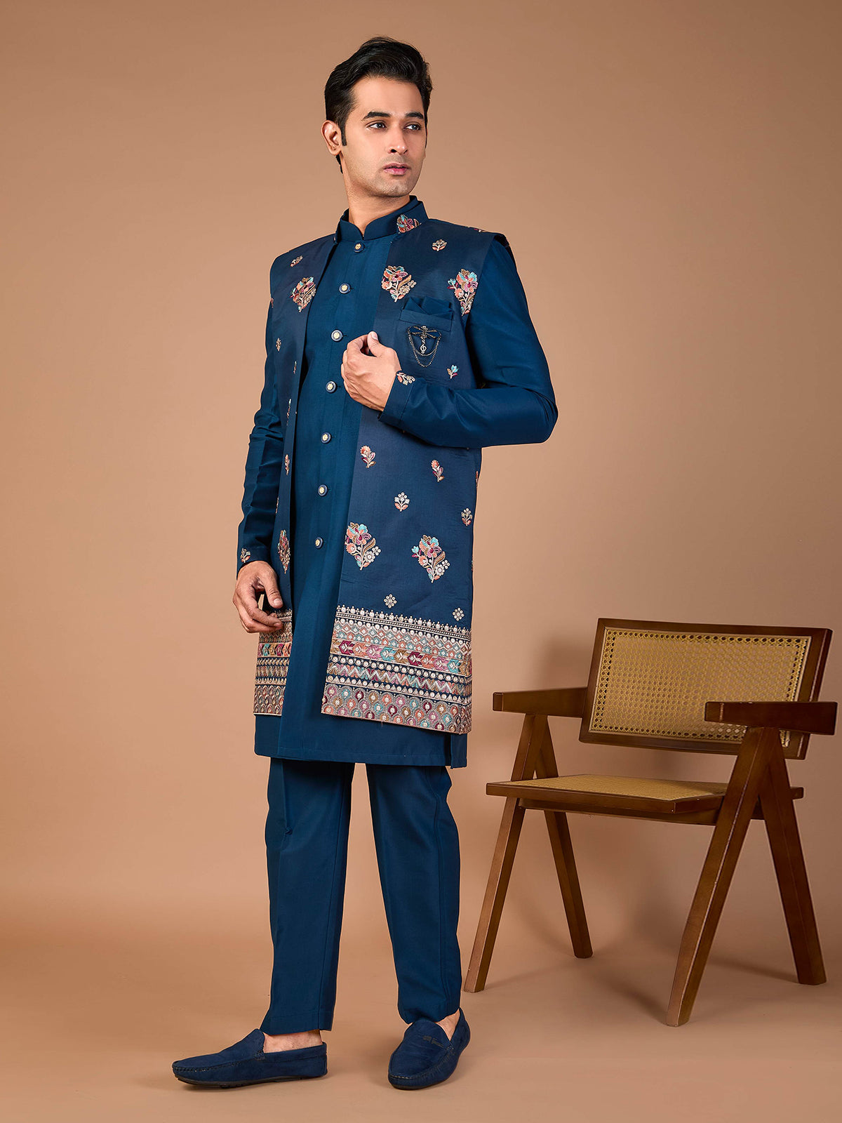 Rama blue silk embroidered indowestern set with brooch