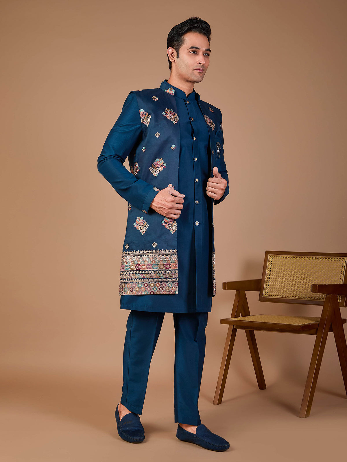 Rama blue silk embroidered indowestern set with brooch