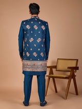 Rama blue silk embroidered indowestern set with brooch