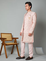 Light pink satin silk embroidered work indowestern set