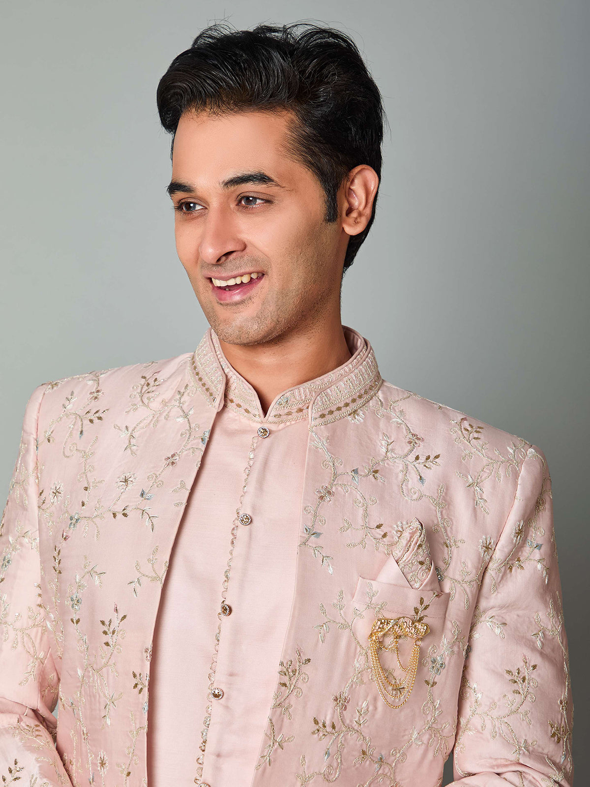 Light pink satin silk embroidered work indowestern set