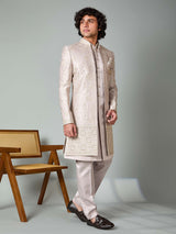 Beige satin silk thread and resham work indowestern set