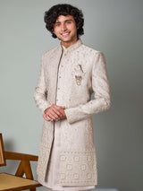 Beige satin silk thread and resham work indowestern set