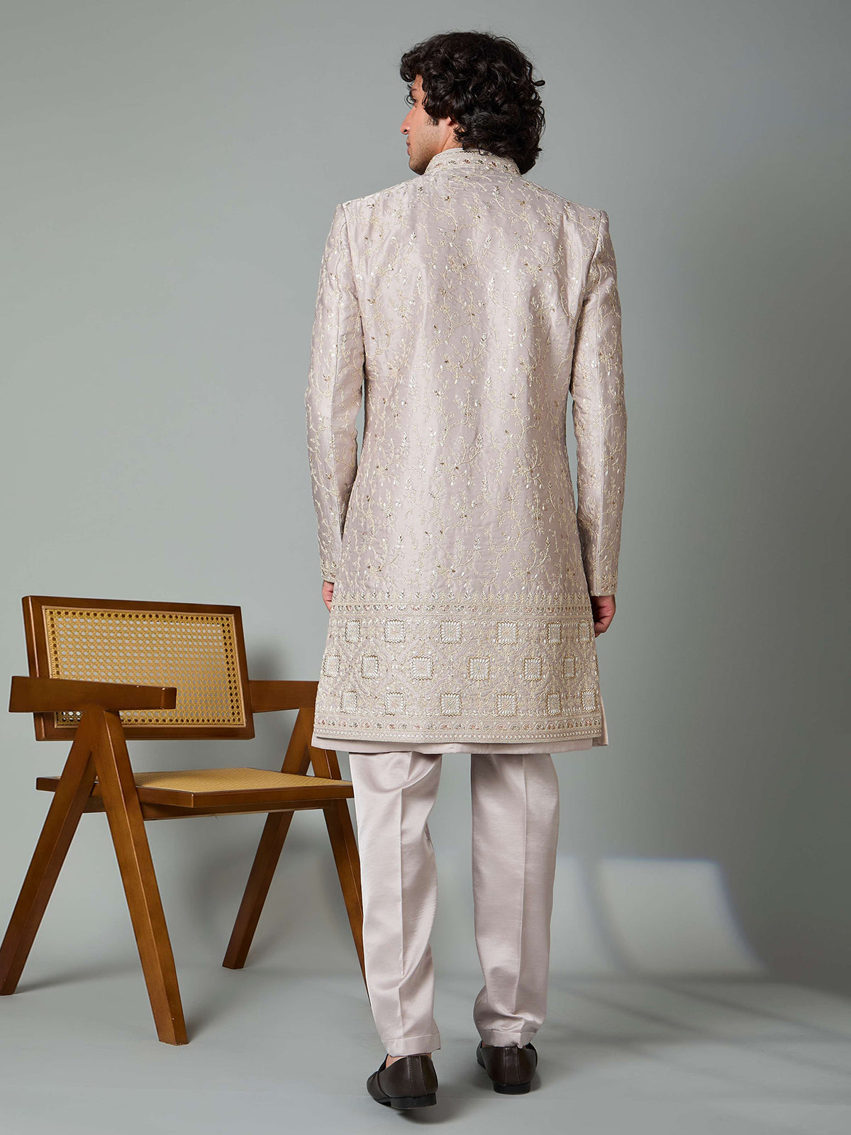 Beige satin silk thread and resham work indowestern set