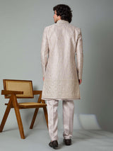 Beige satin silk thread and resham work indowestern set