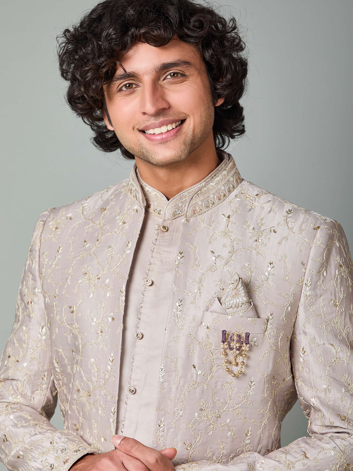 Beige satin silk thread and resham work indowestern set