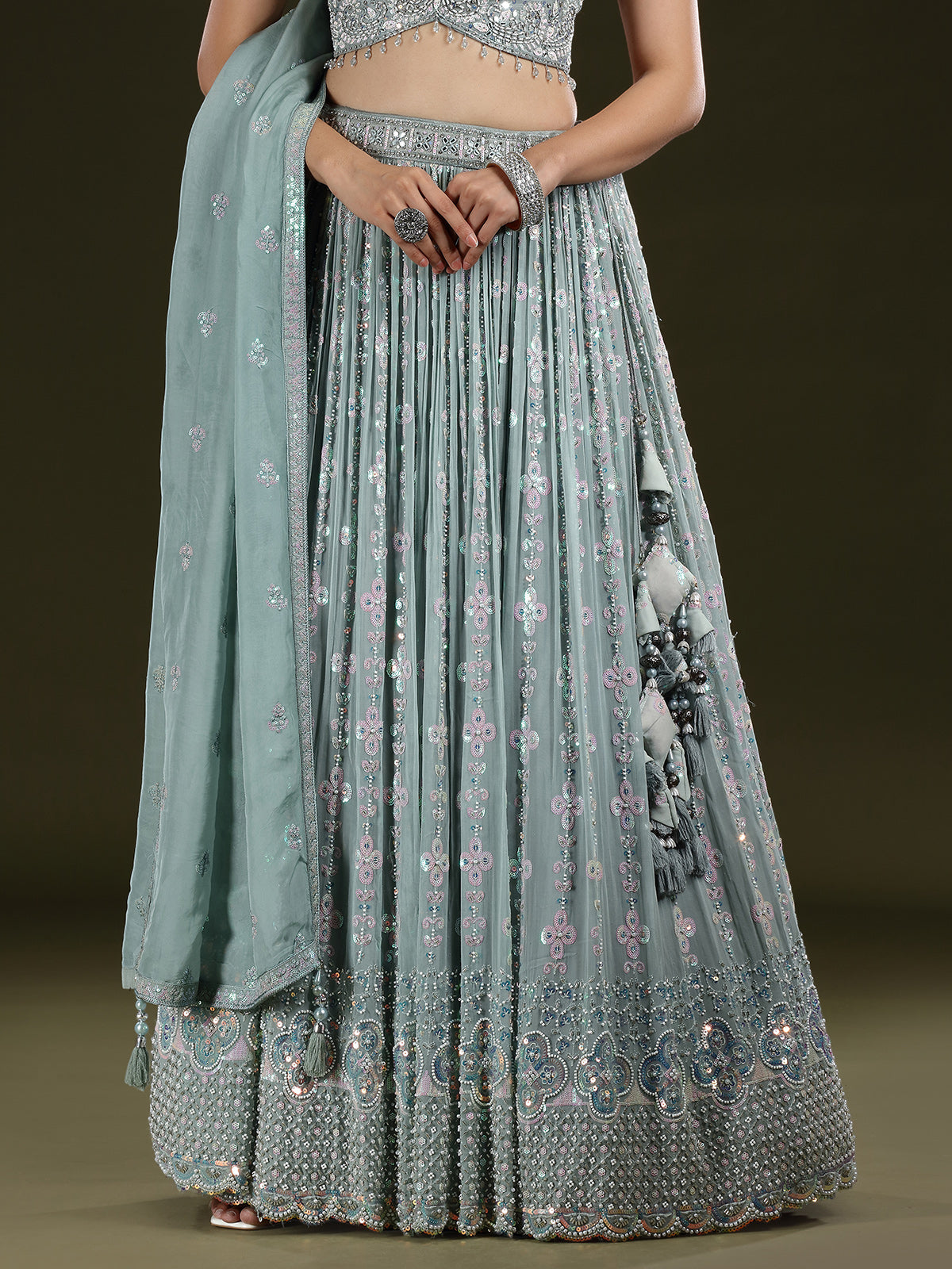 Mint blue diamond embellished georgette lehenga choli