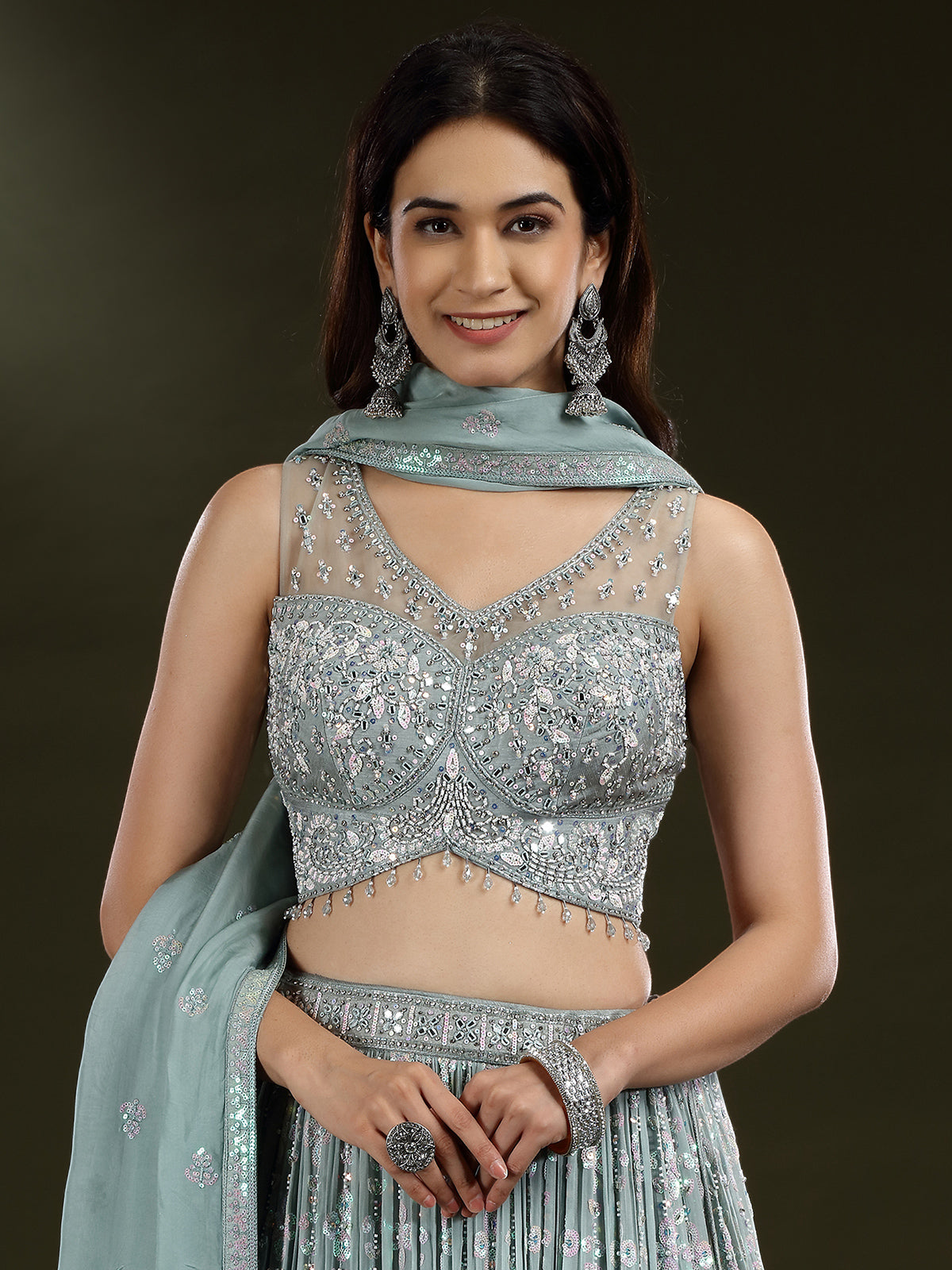 Mint blue diamond embellished georgette lehenga choli