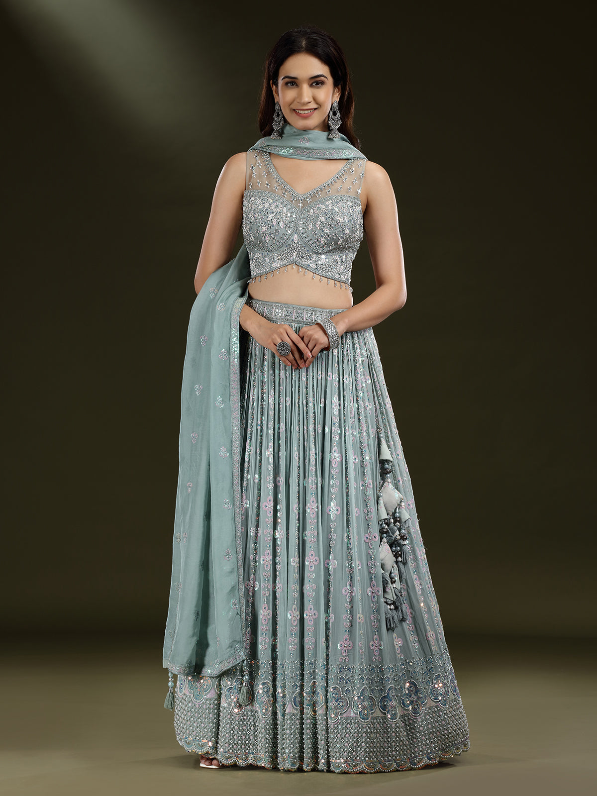 Mint blue diamond embellished georgette lehenga choli