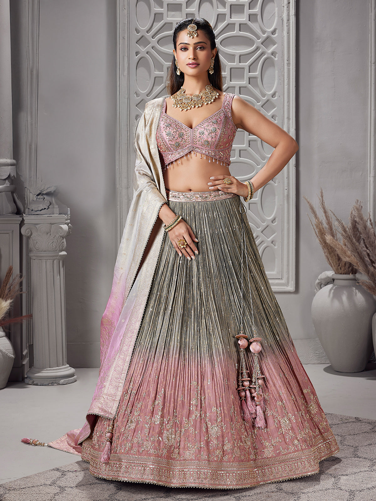 Grey and onion pink shaded lehenga choli