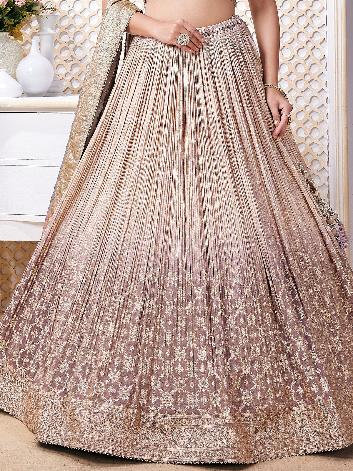 Beige and purple shaded zari work lehenga choli