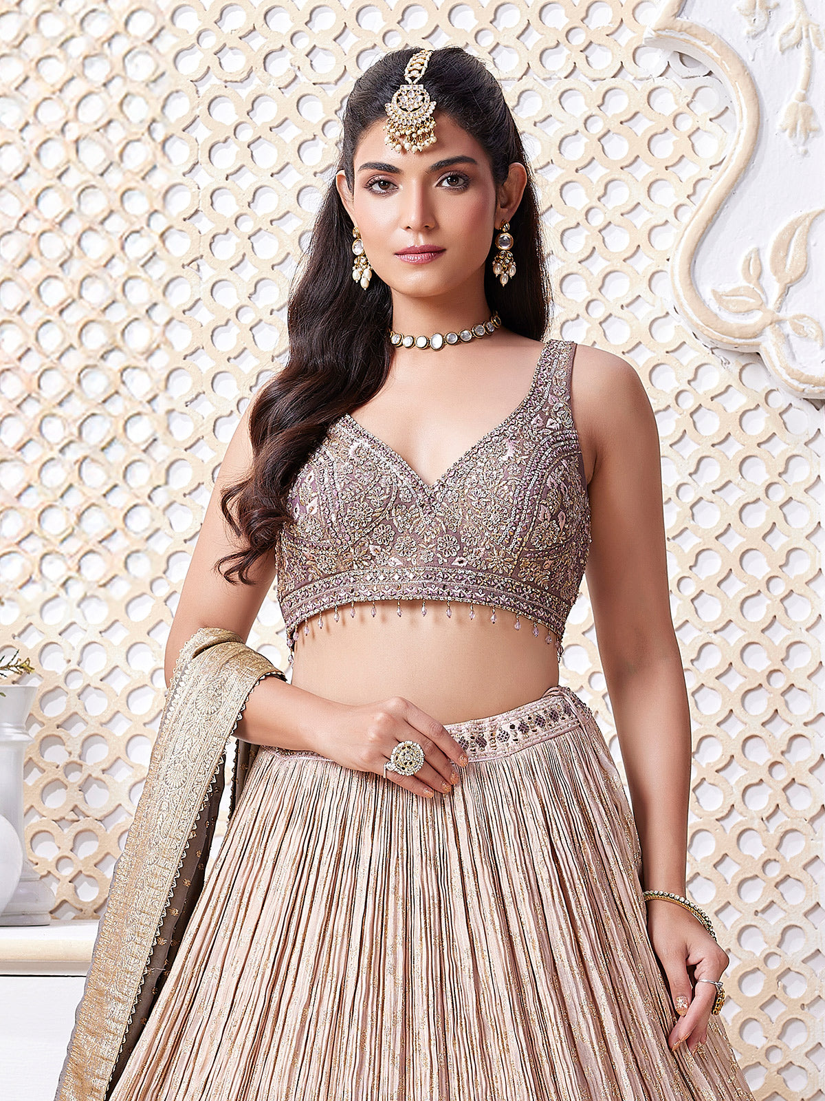 Beige and purple shaded zari work lehenga choli