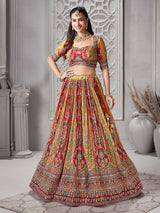 Yellow and red printed gota work lehenga choli