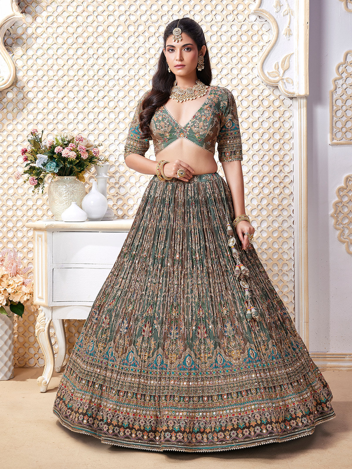 Multicolor printed v neck lehenga choli