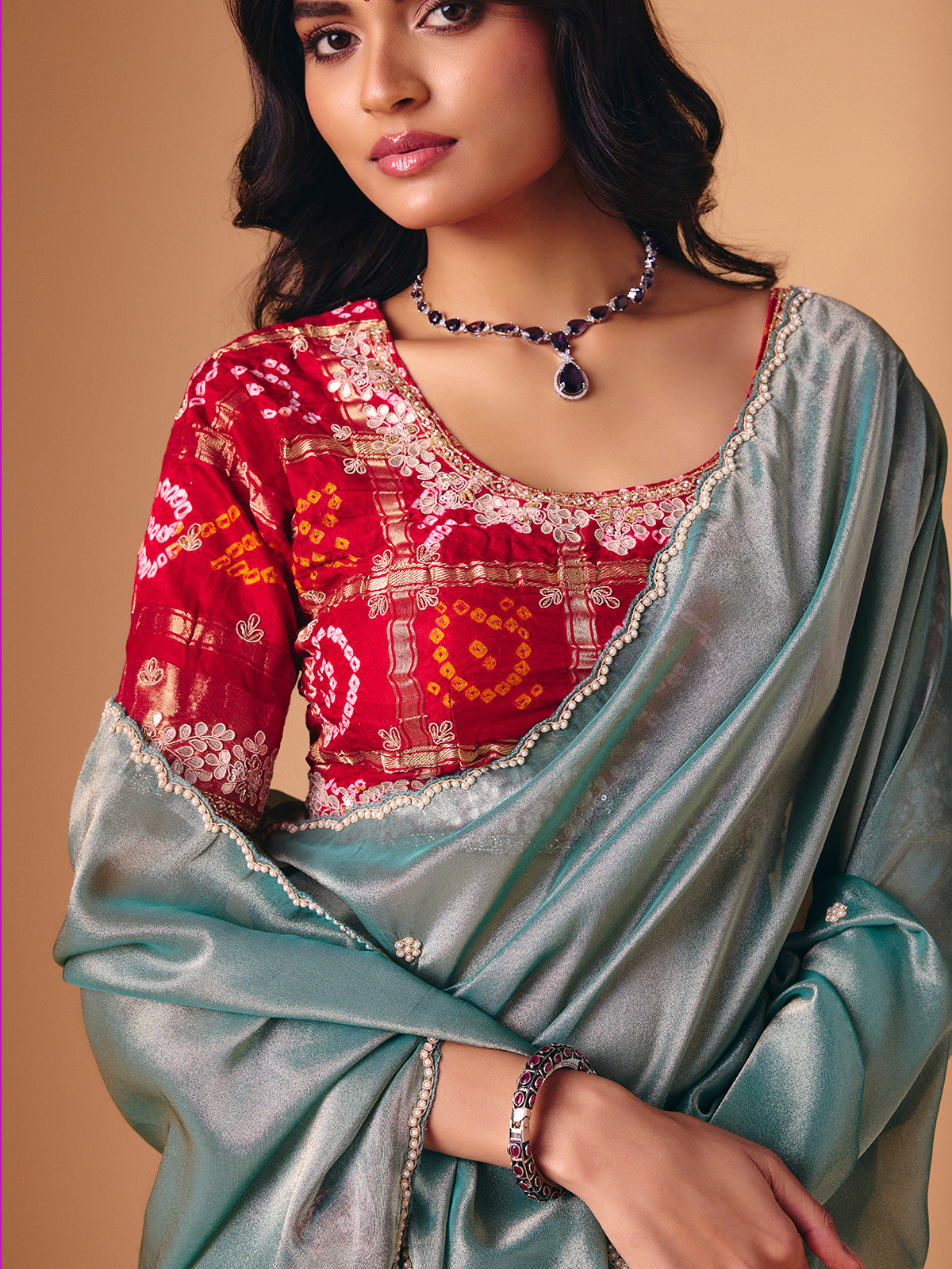 Mint blue tissue silk wedding wear saree