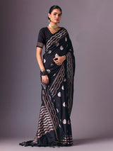 Black semi silk zari butti work saree