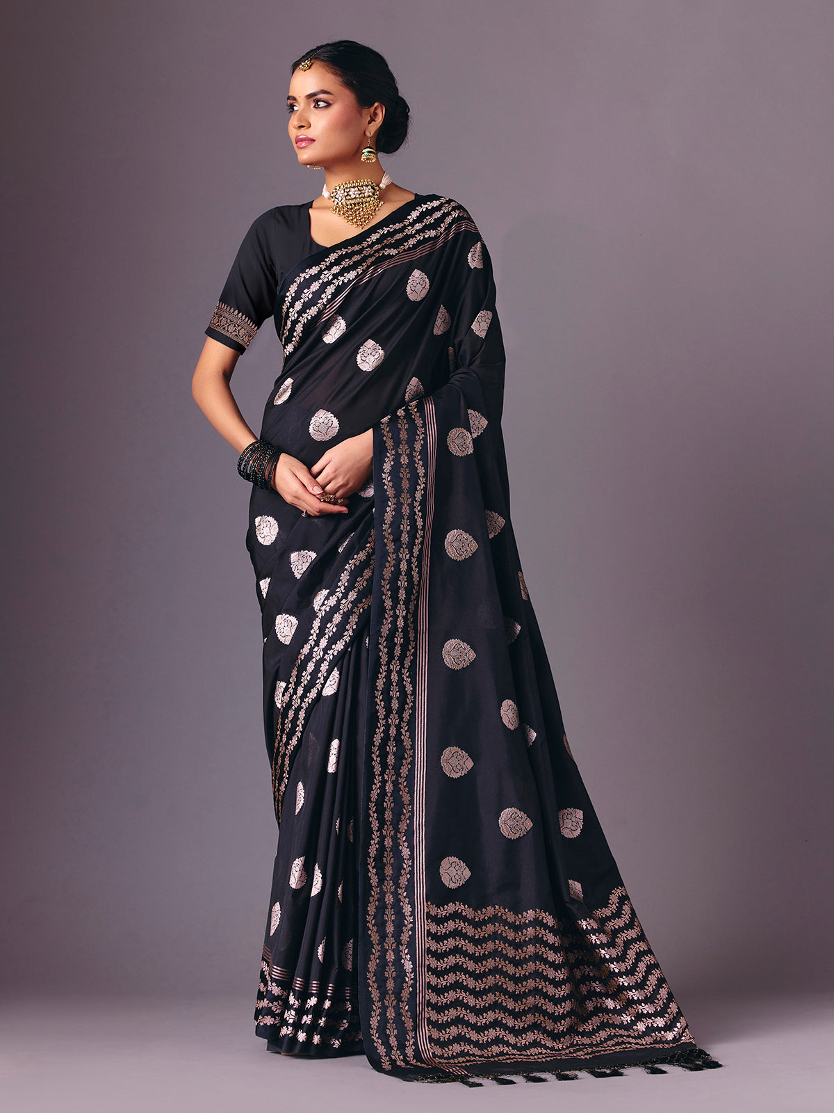 Black semi silk zari butti work saree