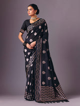 Black semi silk zari butti work saree