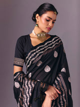 Black semi silk zari butti work saree
