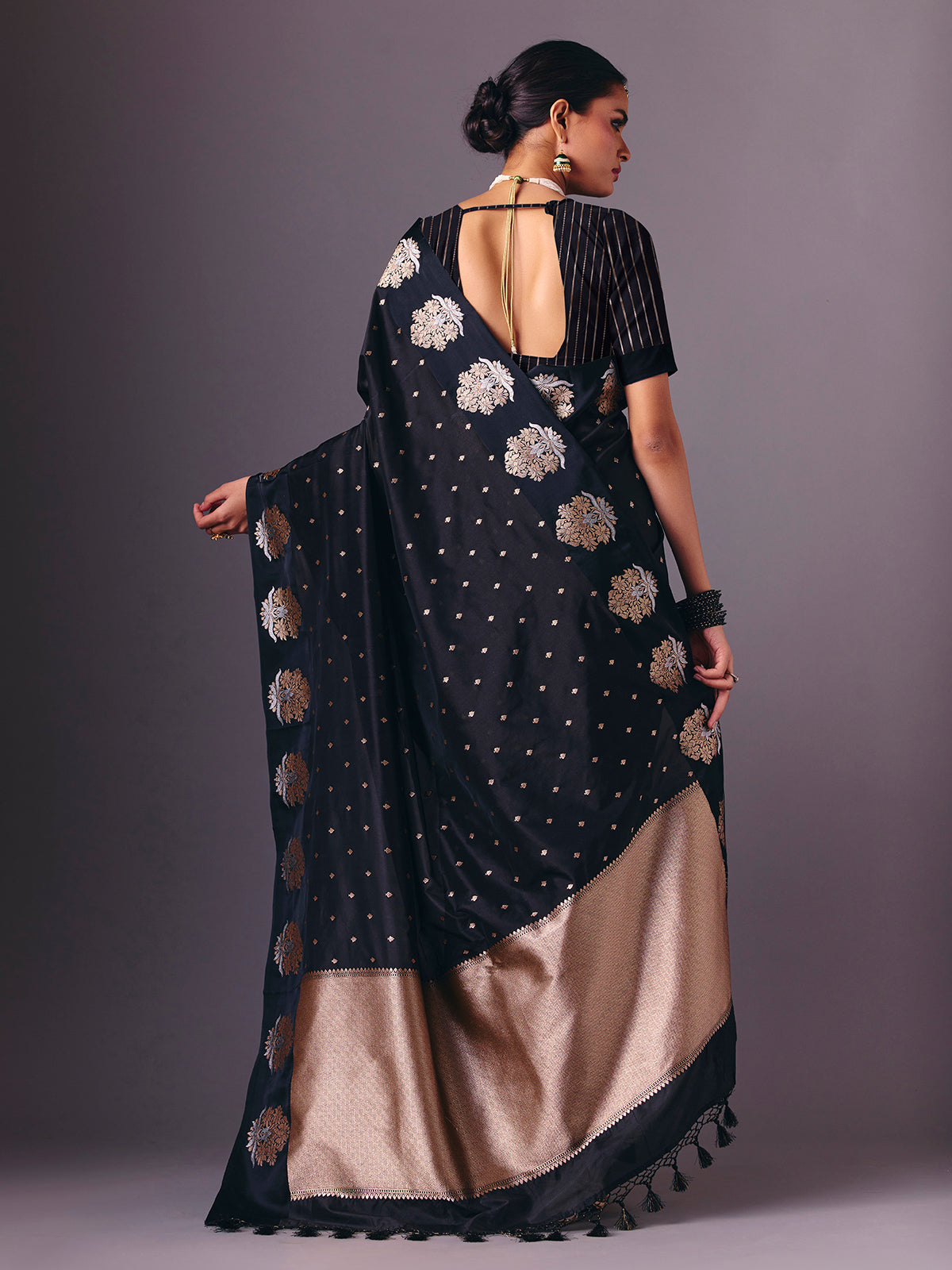 Black zari butti semi silk saree
