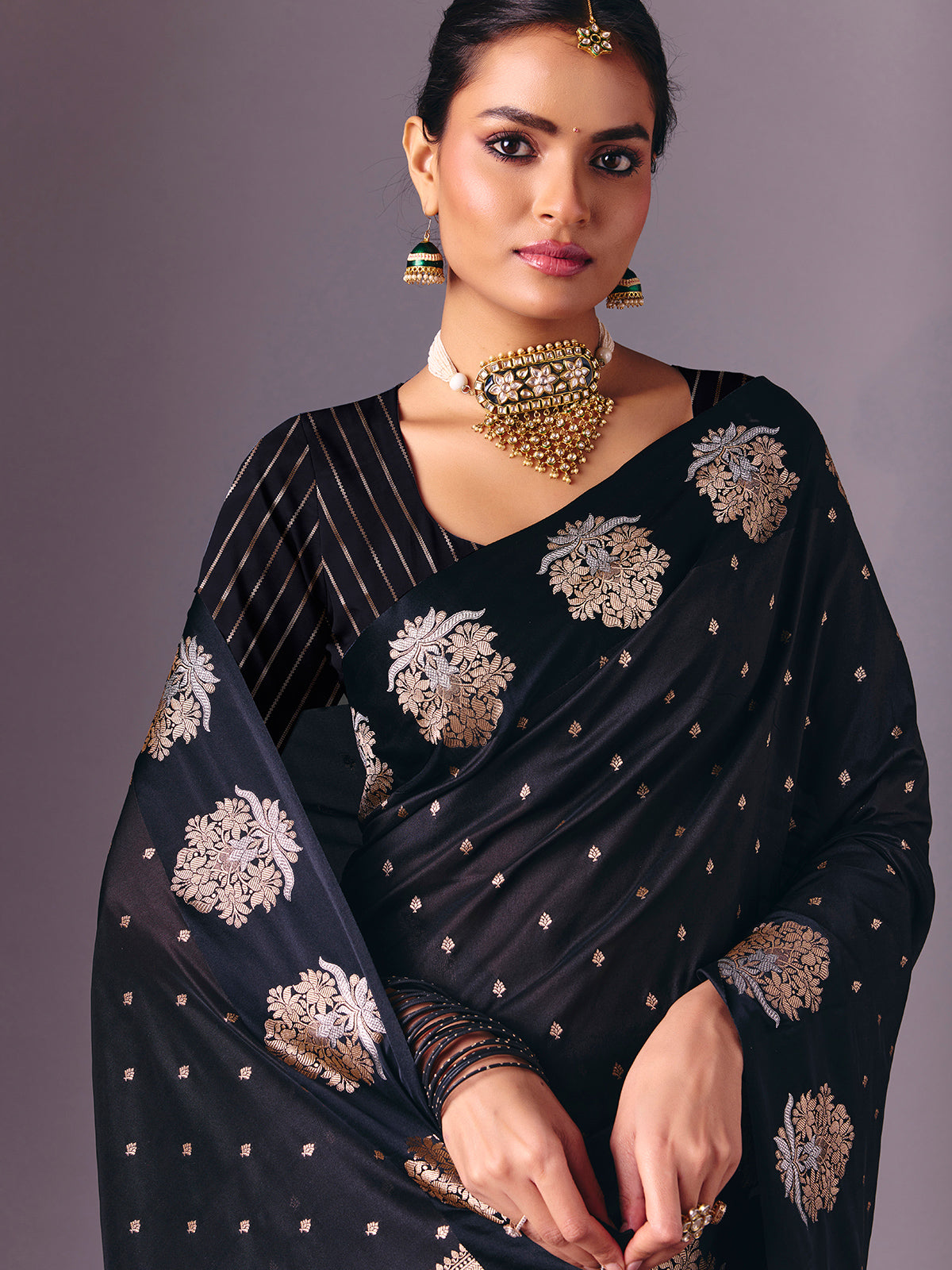 Black zari butti semi silk saree