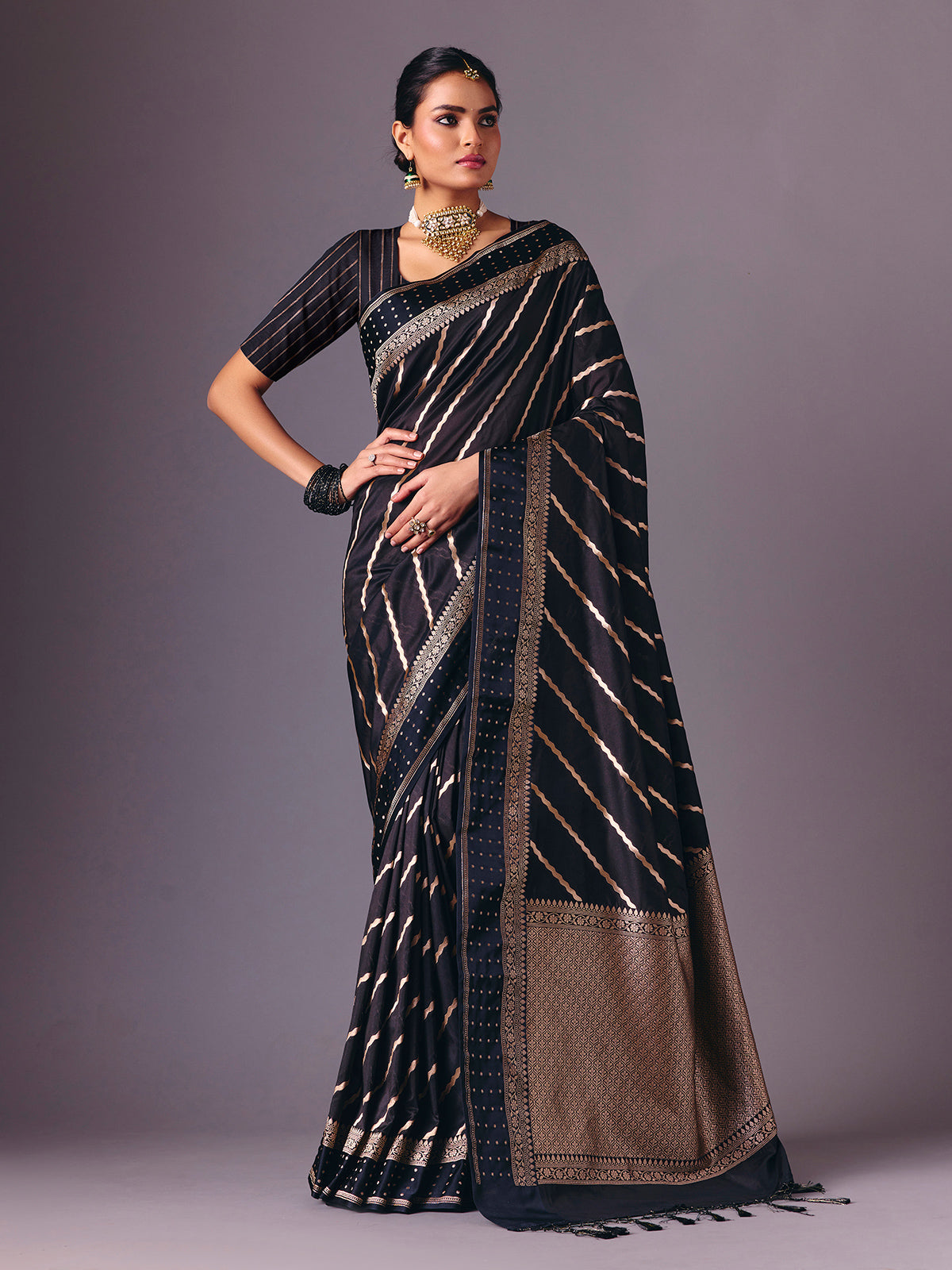 Black semi silk classic zari work saree