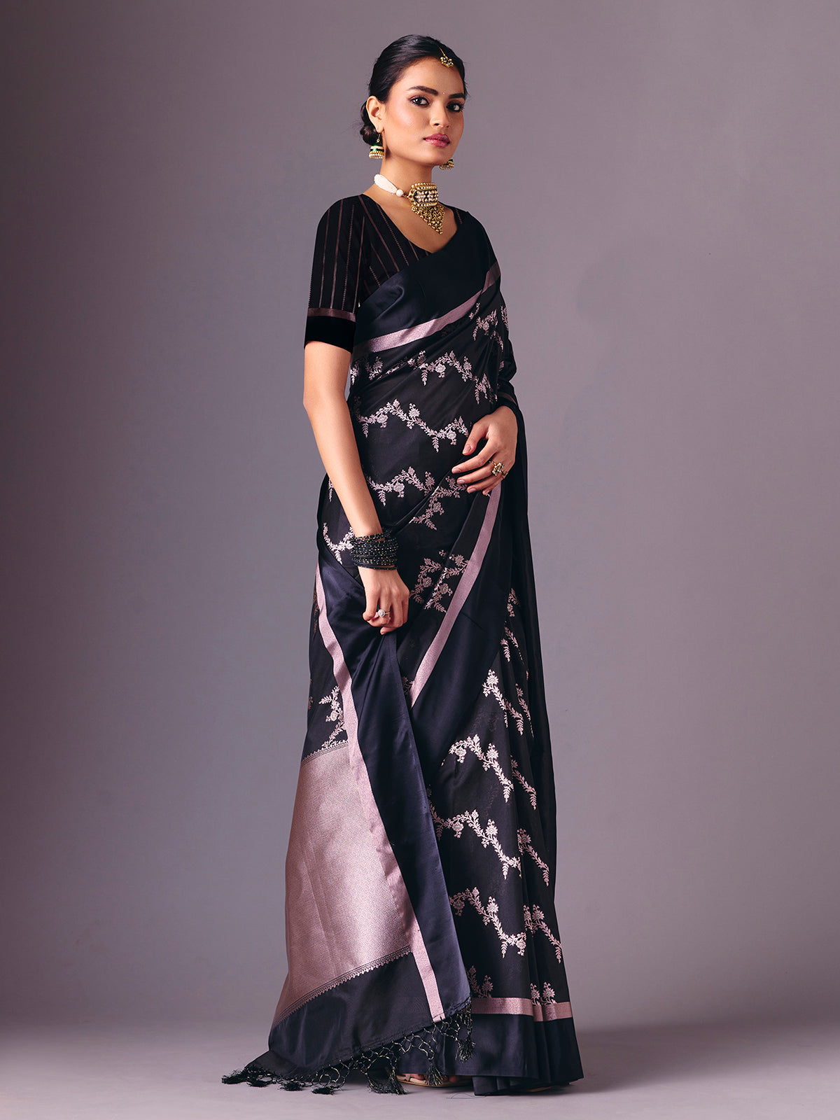 Black zari butti work and festive wear silk saree