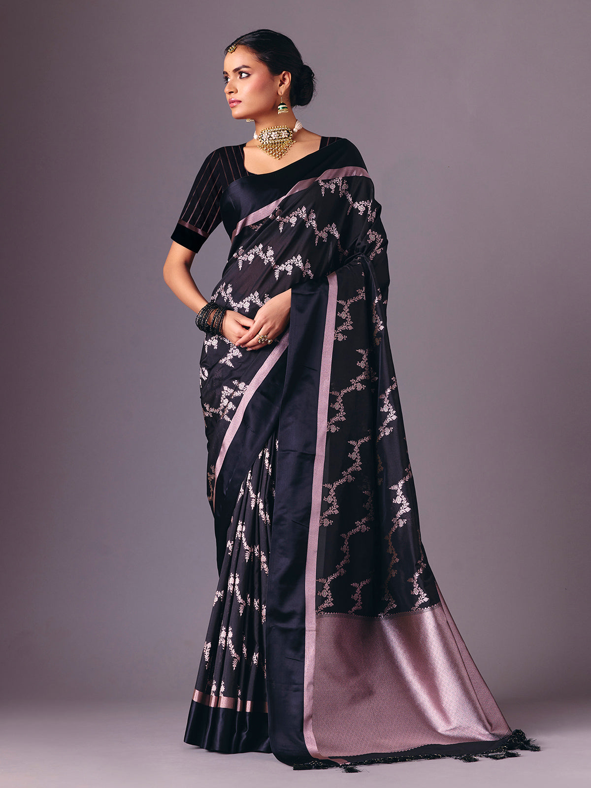 Black zari butti work and festive wear silk saree