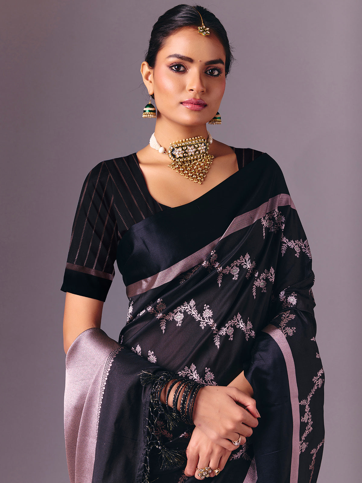 Black zari butti work and festive wear silk saree