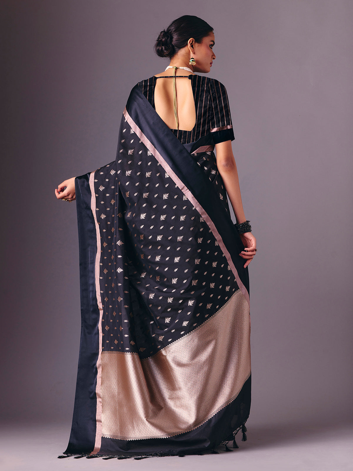 Black semi silk zari work party wear saree
