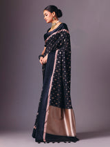 Black semi silk zari work party wear saree