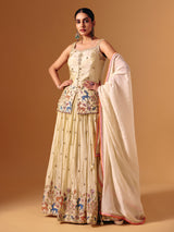 Cream silk sweetheart neck embroidered work lehenga choli