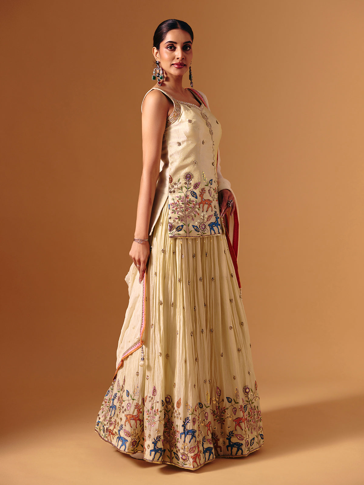 Cream silk sweetheart neck embroidered work lehenga choli