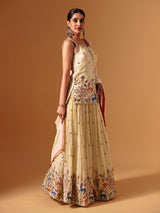 Cream silk sweetheart neck embroidered work lehenga choli