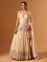 Cream silk sweetheart neck embroidered work lehenga choli