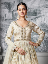 Cream embellished anarkali silk suit
