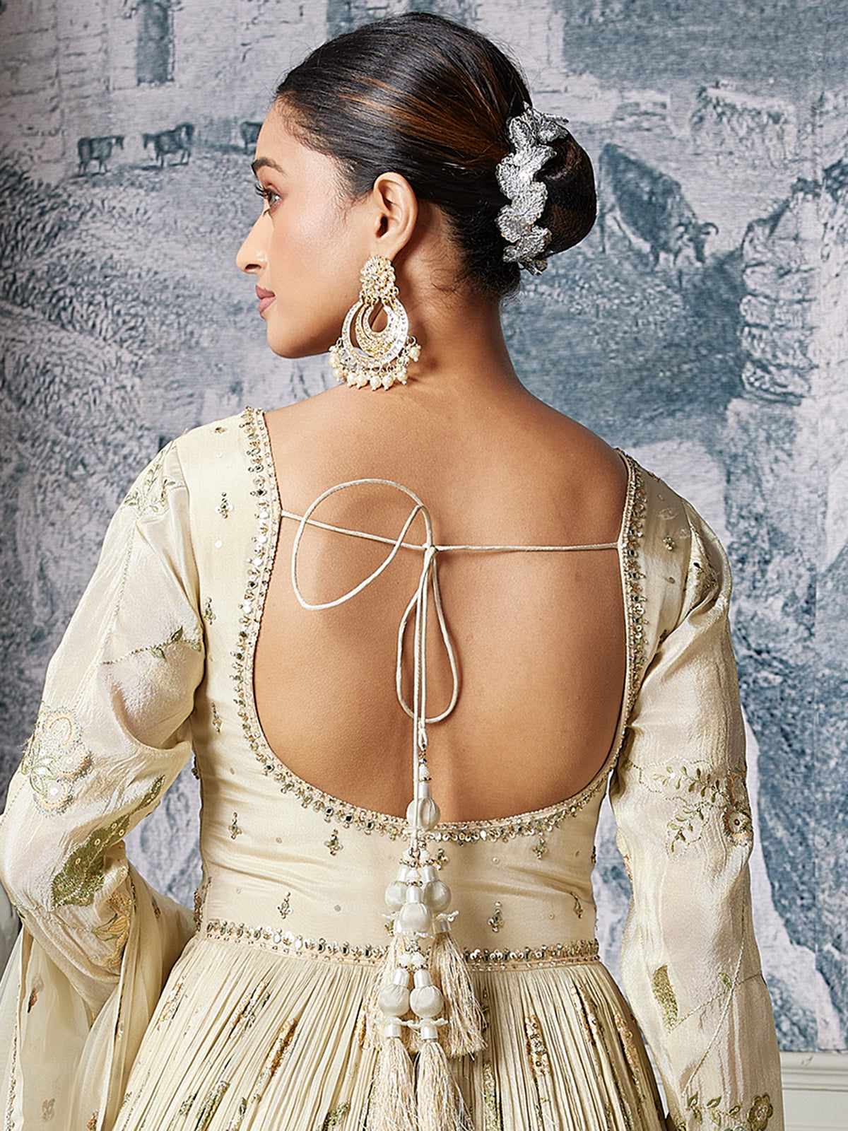 Cream embellished anarkali silk suit
