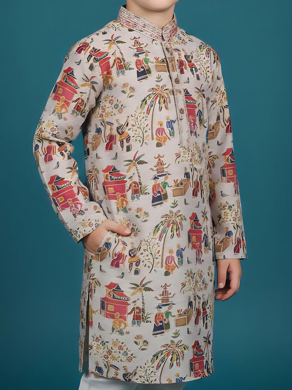 Grey digital printed silk boys kurta suit