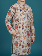 Grey digital printed silk boys kurta suit