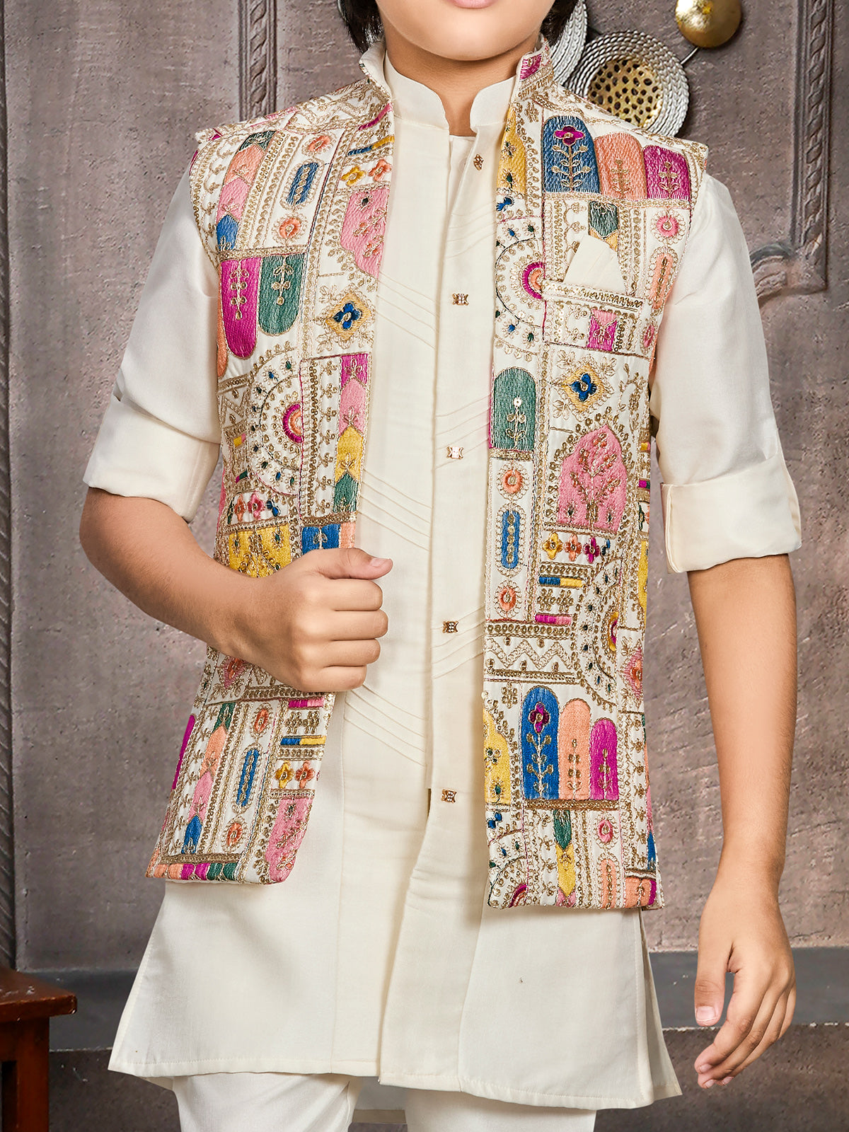 Cream viscose silk boys zari embroidered waistcoat set