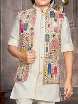 Cream viscose silk boys zari embroidered waistcoat set
