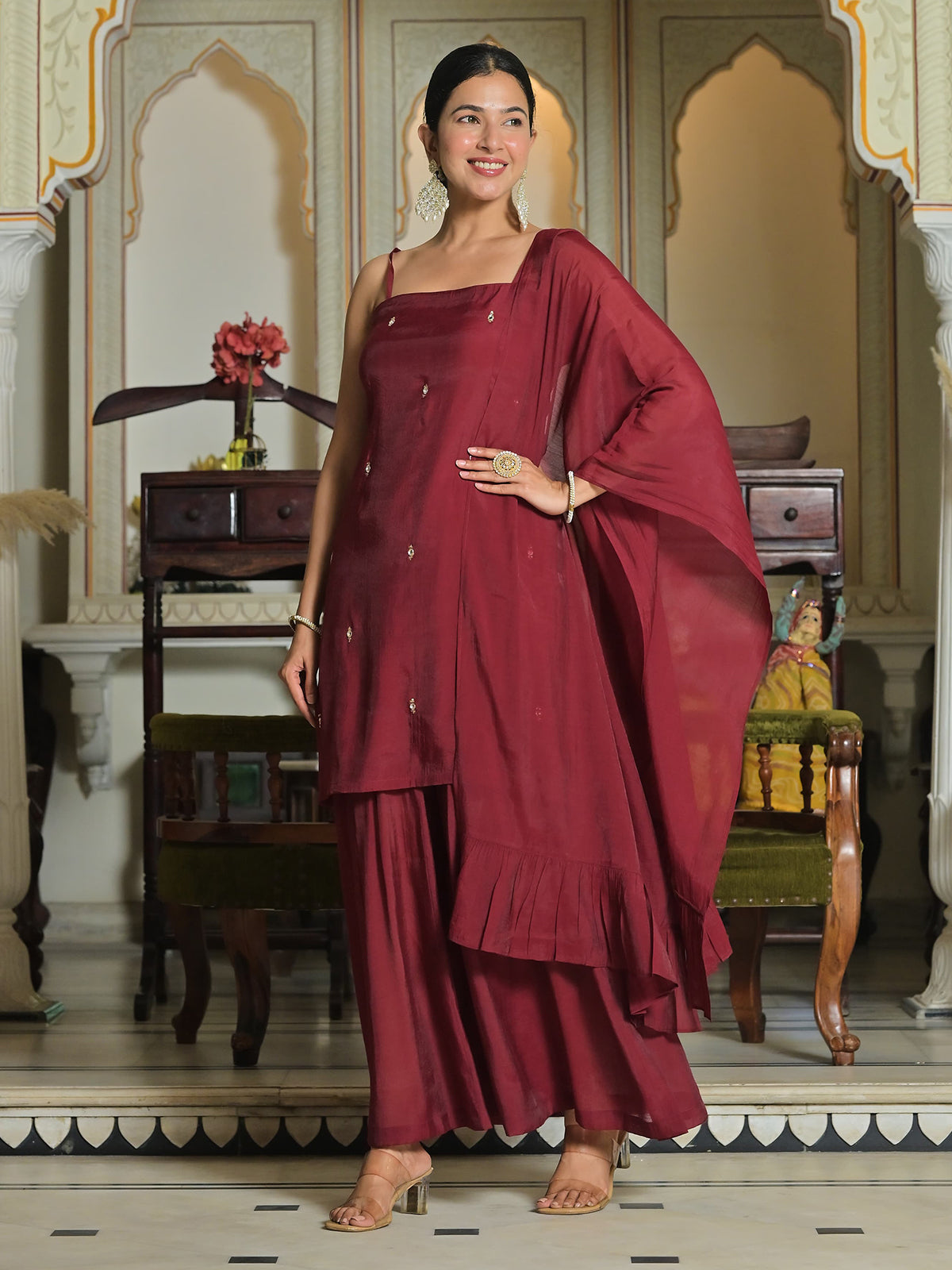 Brown silk kurti set in square neck