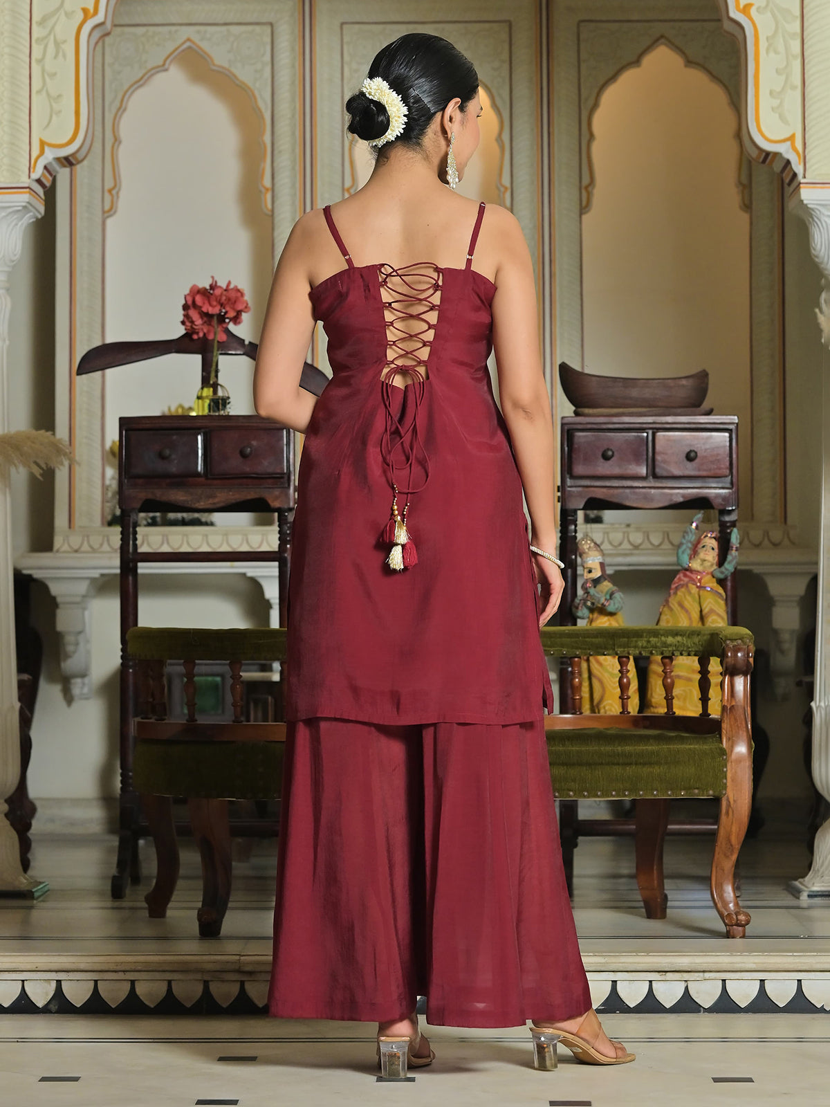 Brown silk kurti set in square neck